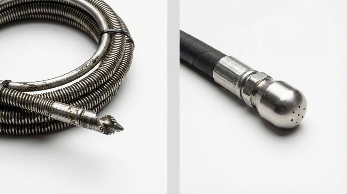 Drain snake cable and hydro jetting nozzle used for drain cleaning in Pompton Lakes, NJ