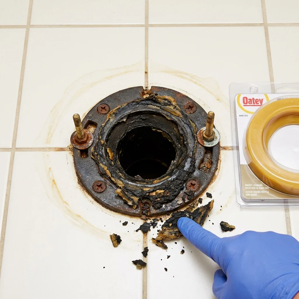 Failed wax ring showing water seepage at the base of a toilet in a Pompton Lakes, NJ home