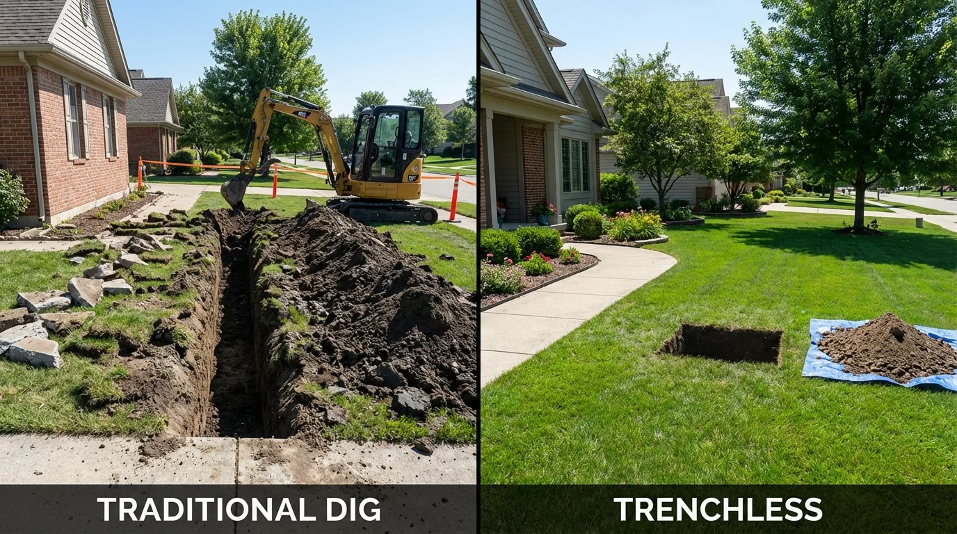 Trenchless sewer repair with minimal yard damage versus traditional excavation in Pompton Lakes, NJ